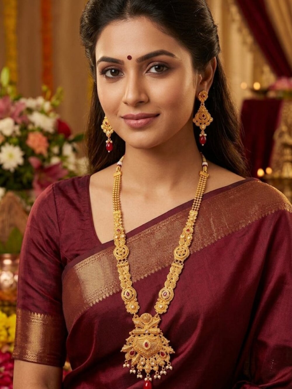 Traditional Gold Temple Jewelry Set: Long Haram Necklace and Matching Jhumka Ear